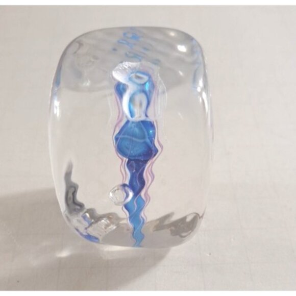 Crystal Paperweight Blue Abstract Blue Pink Art Glass Signed Office Desk 1.5" - Picture 3 of 5
